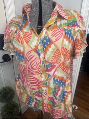 Women’s Grace + Emma Multi-Color Shell Print Button-Front Flutter Sleeve Top MD